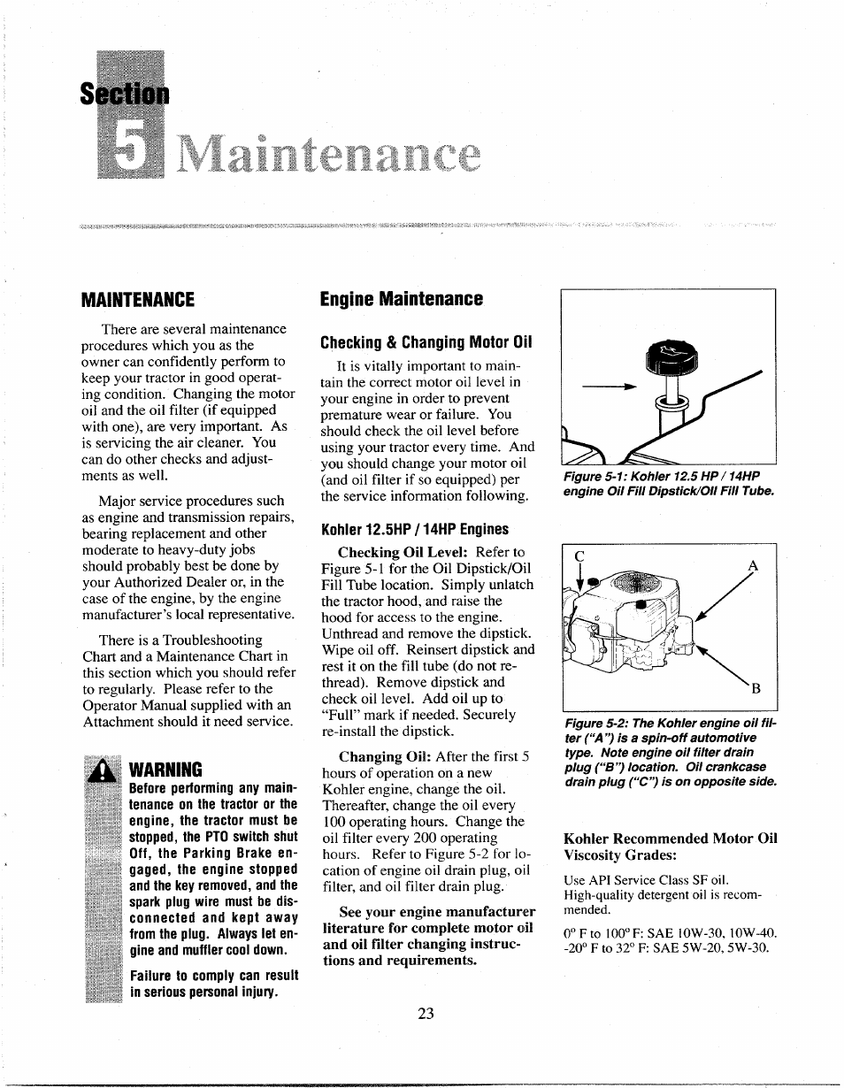 Section, Maintenance, Warning | Engine maintenance, Checking & changing motor oil, Checking and changing motor oil | Troy-Bilt 13027 User Manual | Page 23 / 32