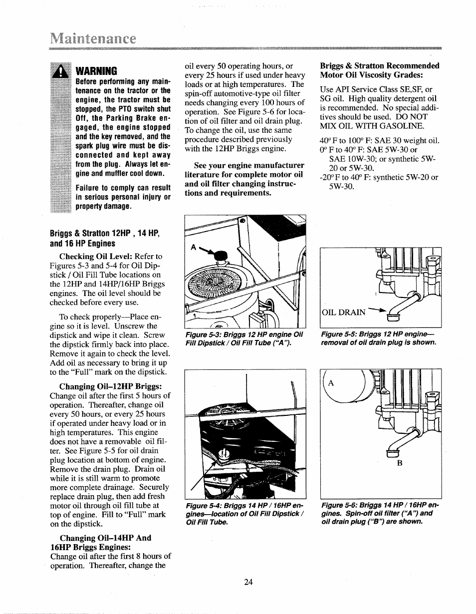 Warning, Briggs 12 hp engine | Troy-Bilt 13027 User Manual | Page 24 / 32