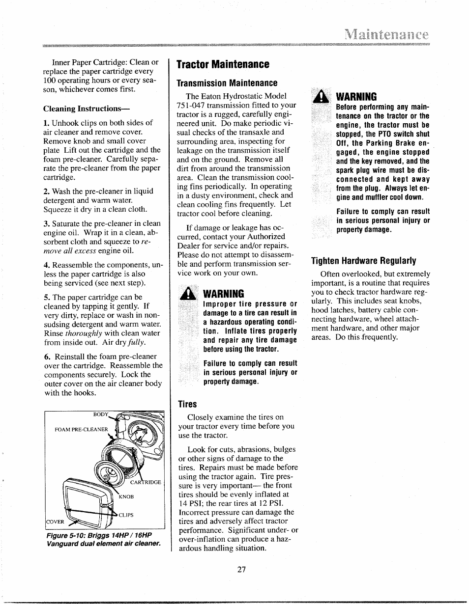 Tractor maintenance, Transmission maintenance, Warning | Tires, Tighten hardware regularly | Troy-Bilt 13027 User Manual | Page 27 / 32