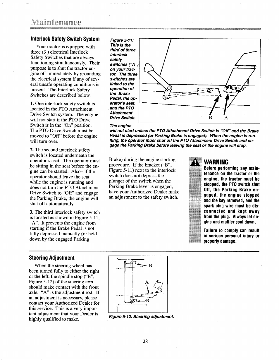 Interlock safety switch system, Warning, Steering adjustment | Troy-Bilt 13027 User Manual | Page 28 / 32