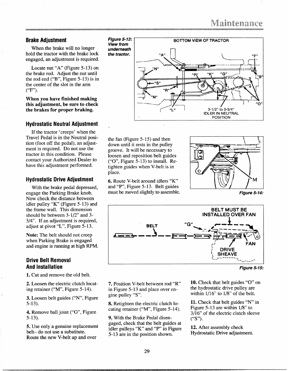 Maintenance, Brake adjustment, Hydrostatic neutral adjustment | Hydrostatic drive adjustment, Drive belt removal and installation | Troy-Bilt 13027 User Manual | Page 29 / 32