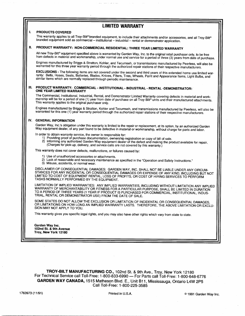Limited warranty | Troy-Bilt 13027 User Manual | Page 32 / 32