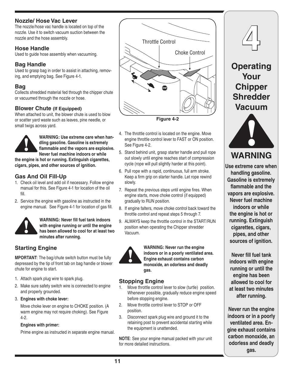 Warning, Operating your chipper shredder vacuum | Troy-Bilt 70 User Manual | Page 11 / 24