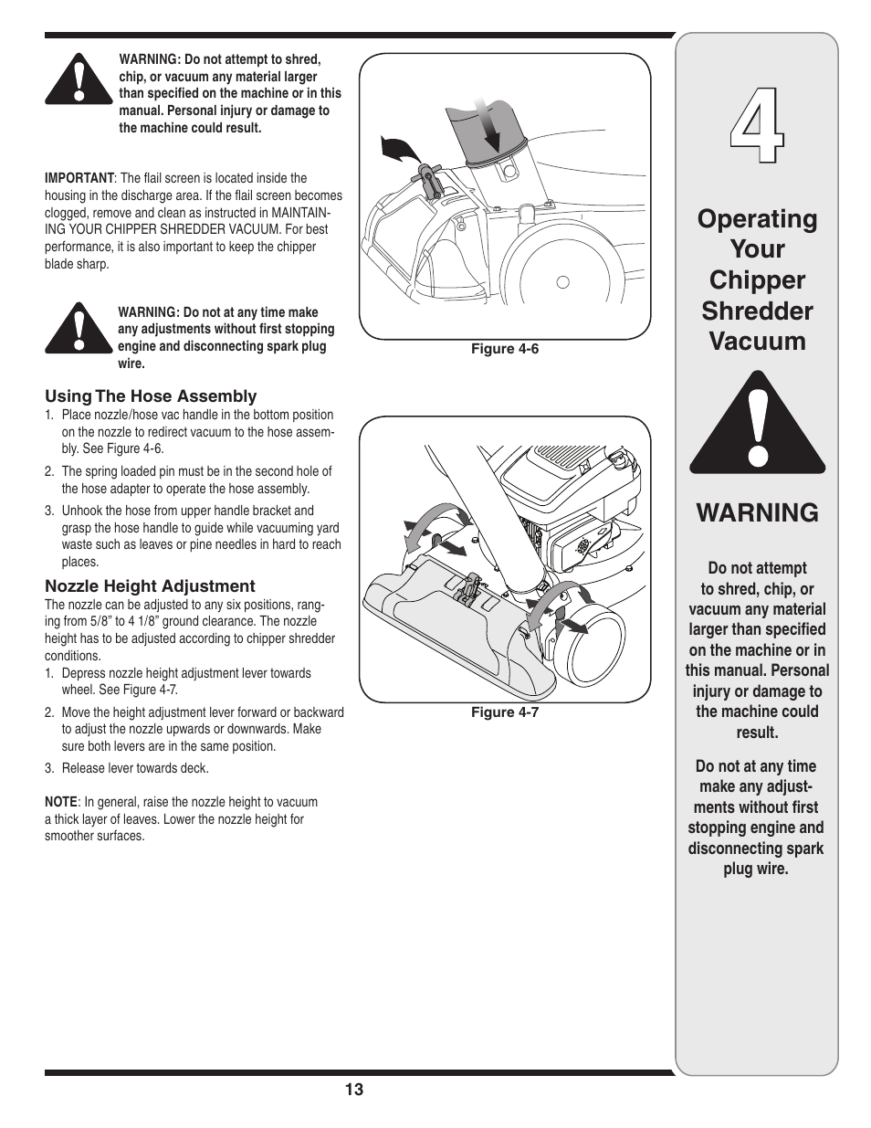 Warning, Operating your chipper shredder vacuum | Troy-Bilt 70 User Manual | Page 13 / 24