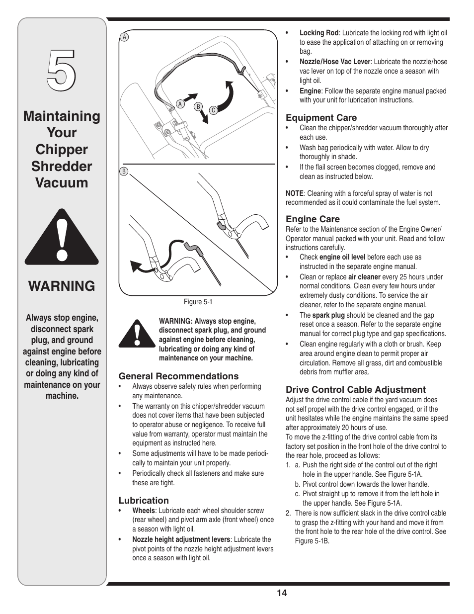 Maintaining your chipper shredder vacuum, Warning | Troy-Bilt 70 User Manual | Page 14 / 24