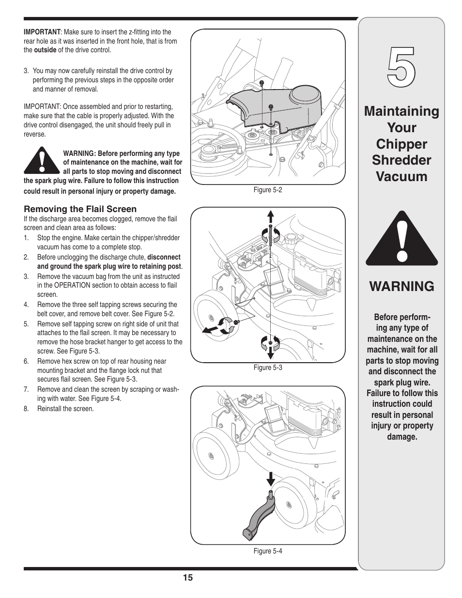 Maintaining your chipper shredder vacuum, Warning | Troy-Bilt 70 User Manual | Page 15 / 24