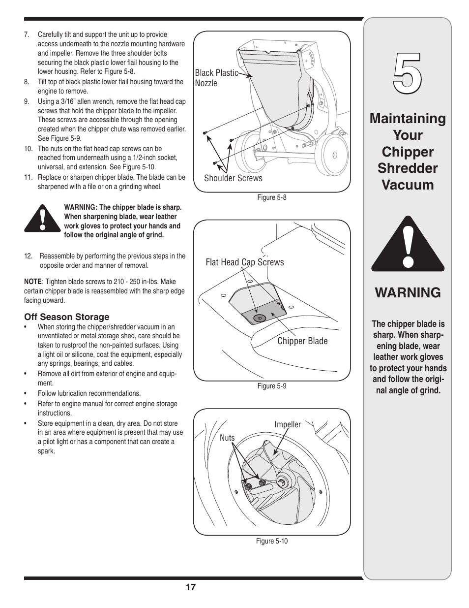 Maintaining your chipper shredder vacuum, Warning | Troy-Bilt 70 User Manual | Page 17 / 24