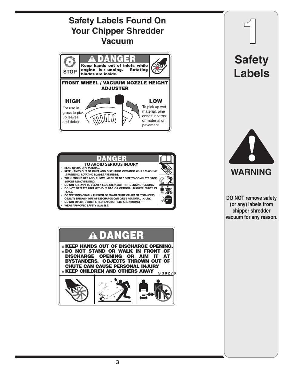 Safety labels, Warning, Danger | Troy-Bilt 70 User Manual | Page 3 / 24