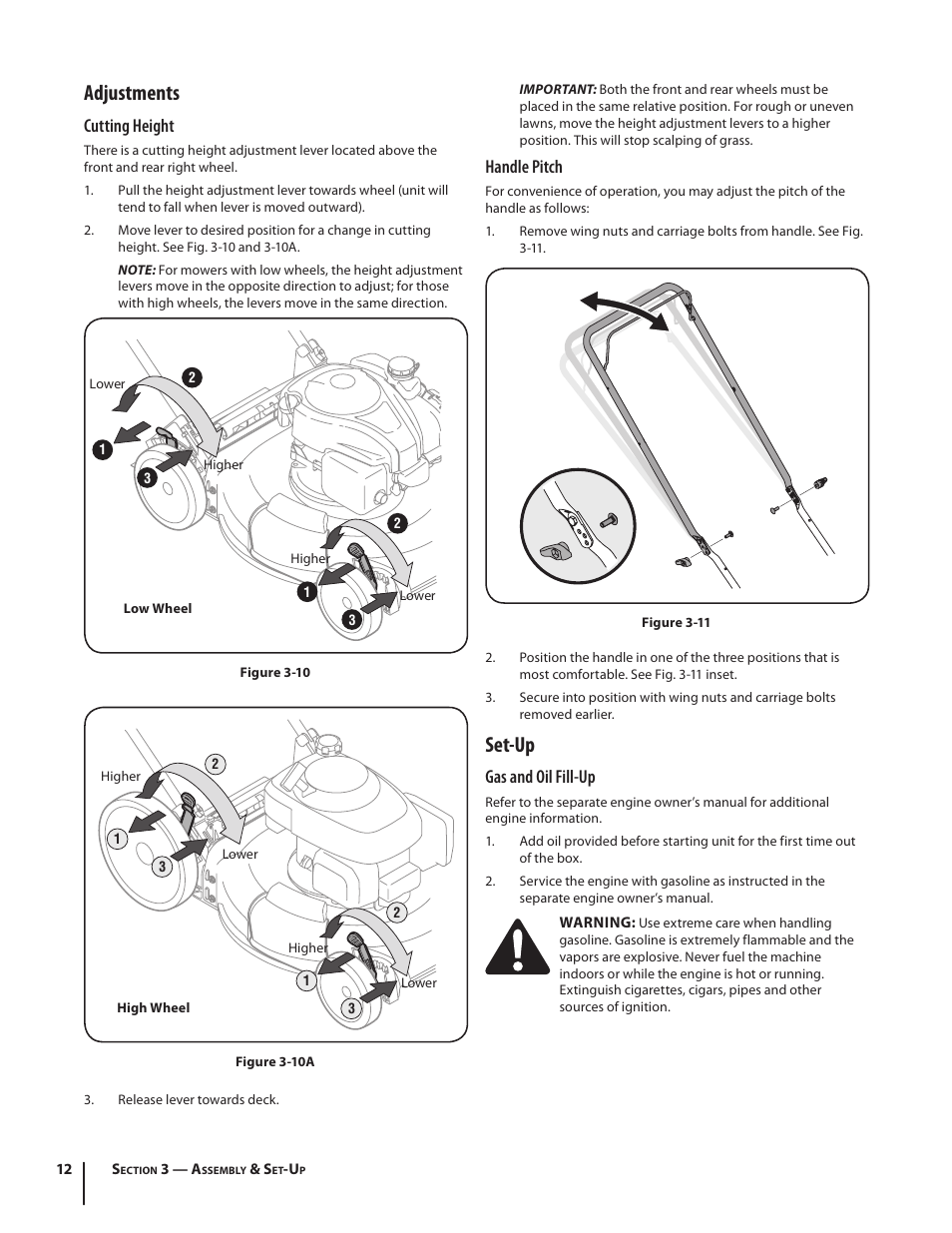 Adjustments, Set-up, Cutting height | Handle pitch, Gas and oil fill-up | Troy-Bilt TB110 User Manual | Page 12 / 40