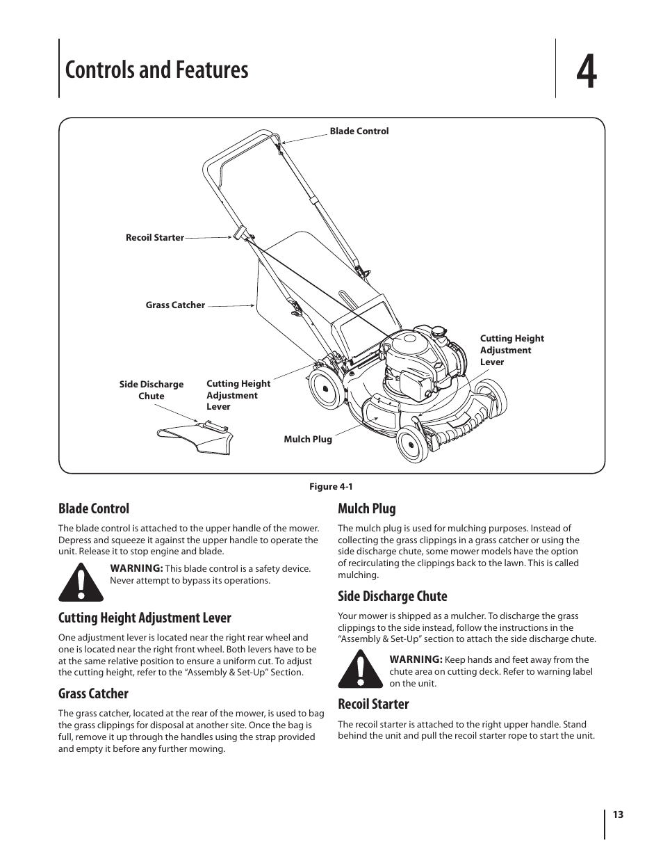 Controls and features, Blade control, Cutting height adjustment lever | Grass catcher, Mulch plug, Side discharge chute, Recoil starter | Troy-Bilt TB110 User Manual | Page 13 / 40