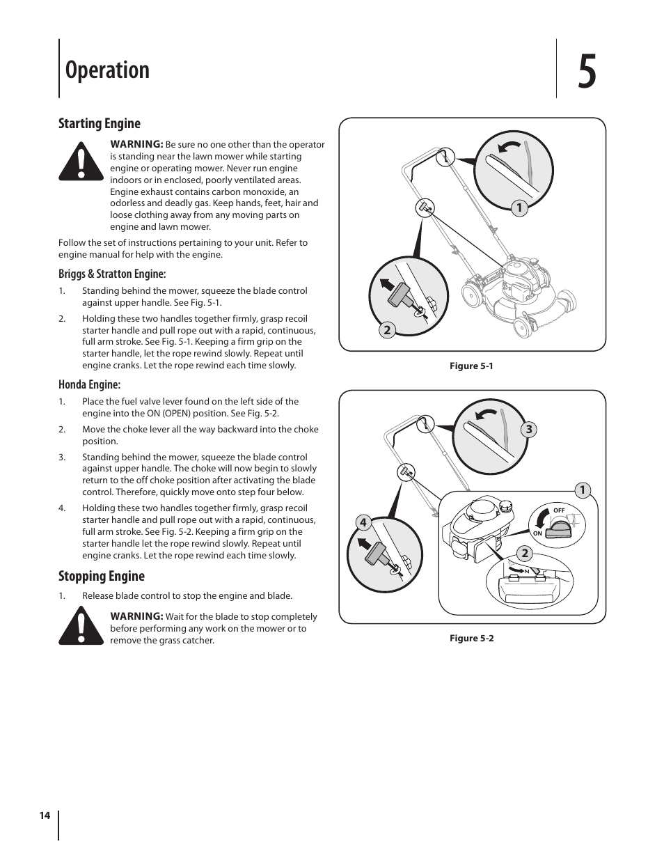 Operation, Starting engine, Stopping engine | Troy-Bilt TB110 User Manual | Page 14 / 40