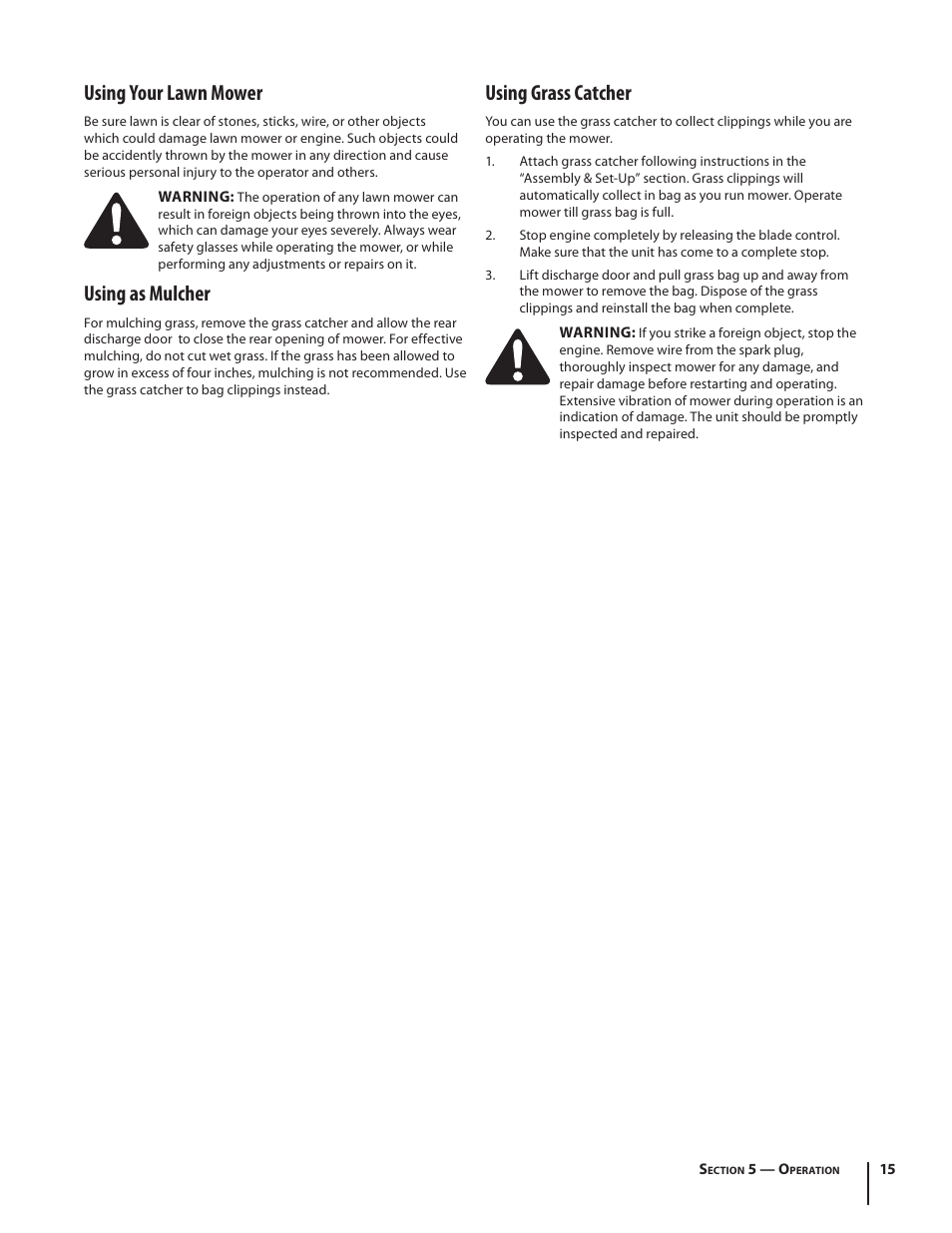 Using your lawn mower, Using as mulcher, Using grass catcher | Troy-Bilt TB110 User Manual | Page 15 / 40