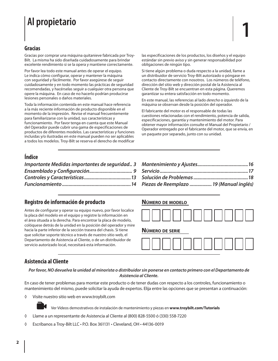 Al propietario, Asistencia al cliente, Gracias | Índice n, Registro de información de producto | Troy-Bilt TB110 User Manual | Page 22 / 40