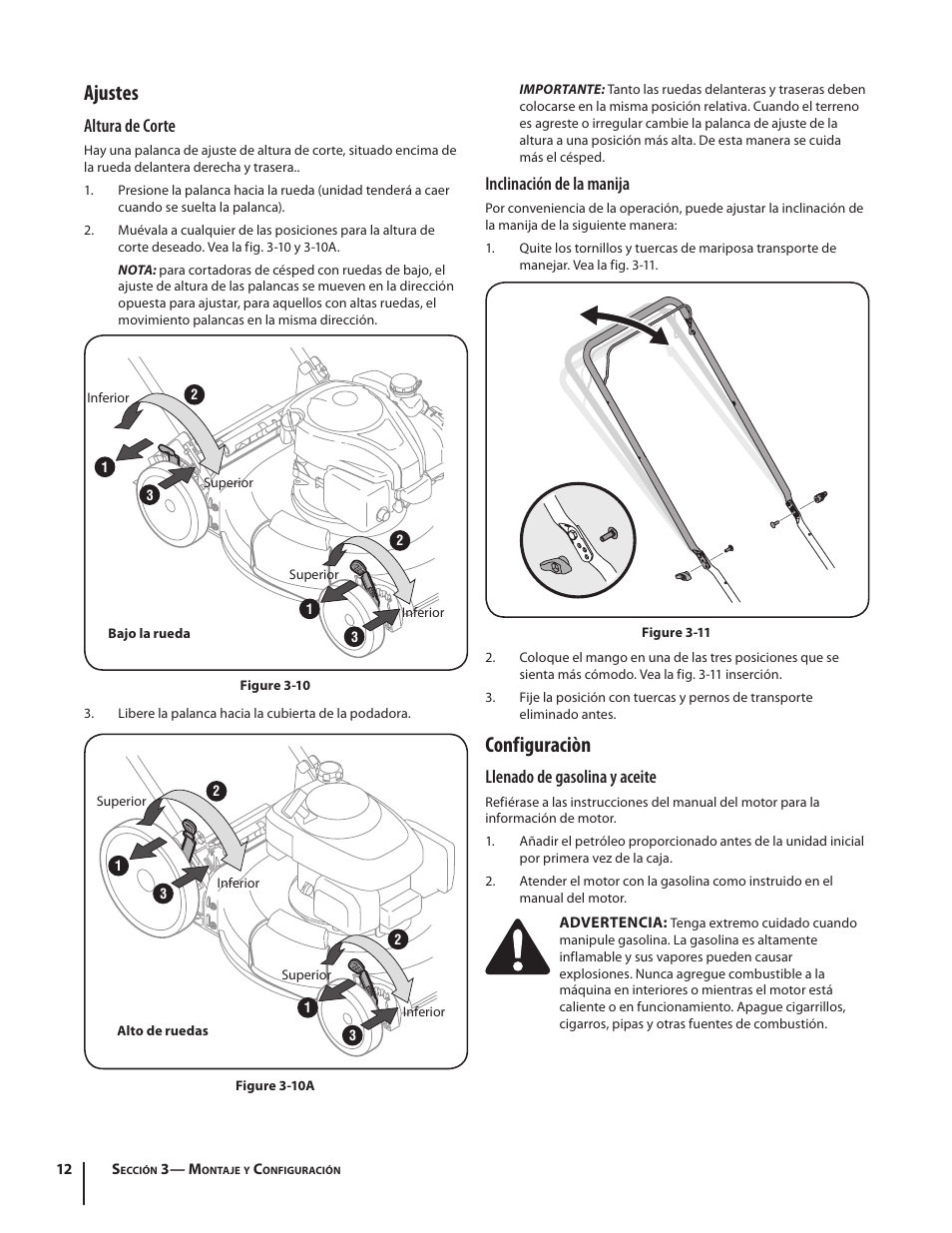 Configuraciòn, Ajustes, Inclinación de la manija | Llenado de gasolina y aceite, Altura de corte | Troy-Bilt TB110 User Manual | Page 32 / 40