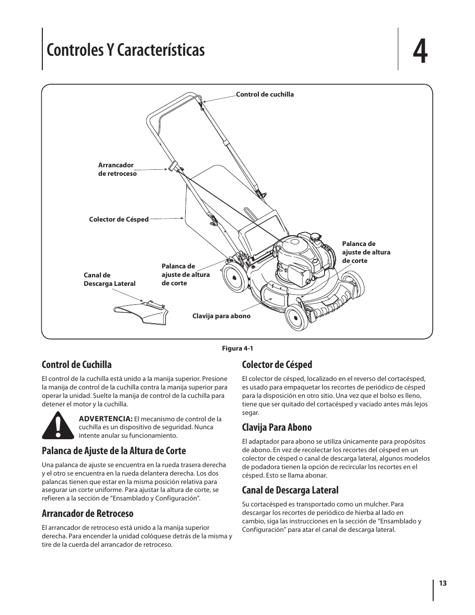 Controles y características, Control de cuchilla, Palanca de ajuste de la altura de corte | Arrancador de retroceso, Colector de césped, Clavija para abono, Canal de descarga lateral | Troy-Bilt TB110 User Manual | Page 33 / 40