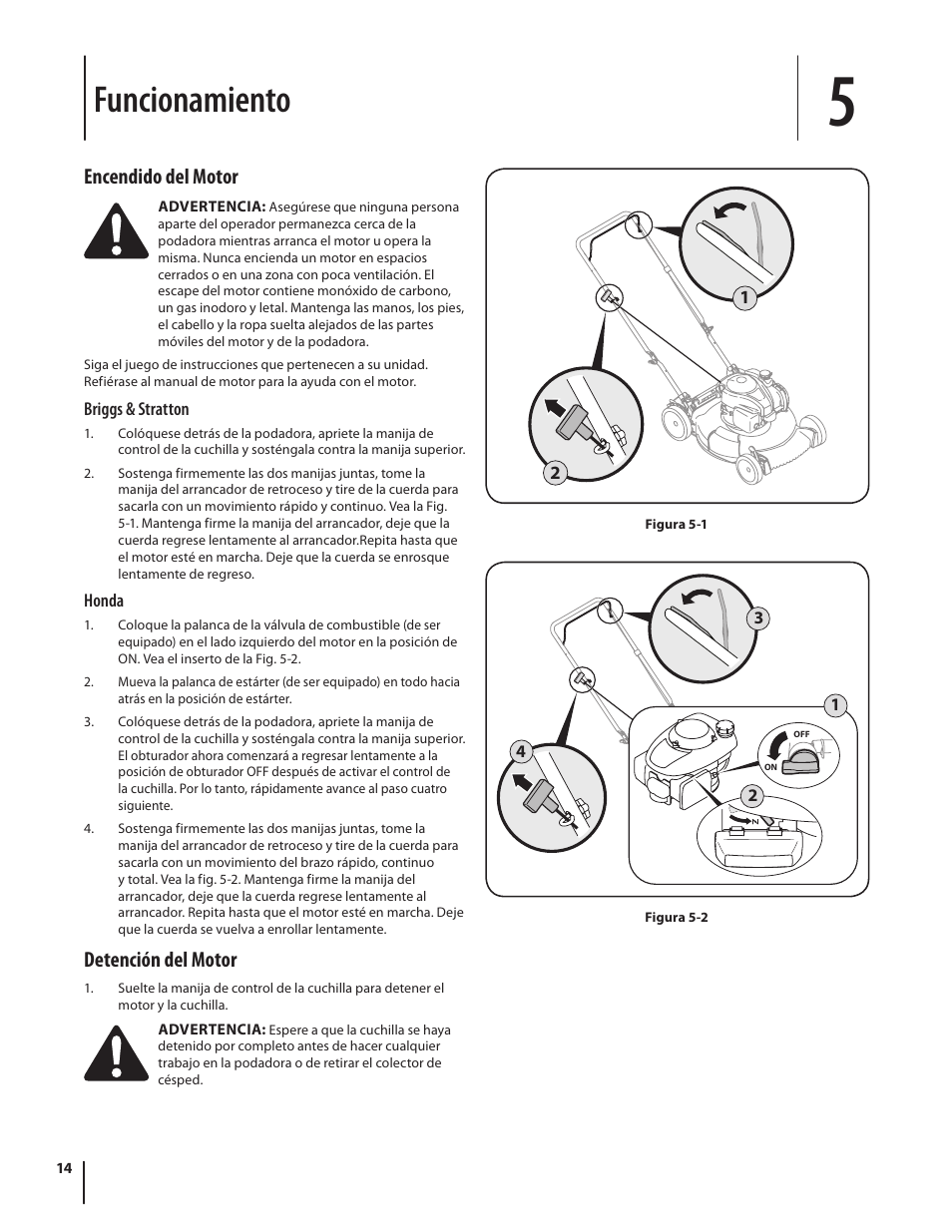 Funcionamiento, Encendido del motor, Detención del motor | Troy-Bilt TB110 User Manual | Page 34 / 40