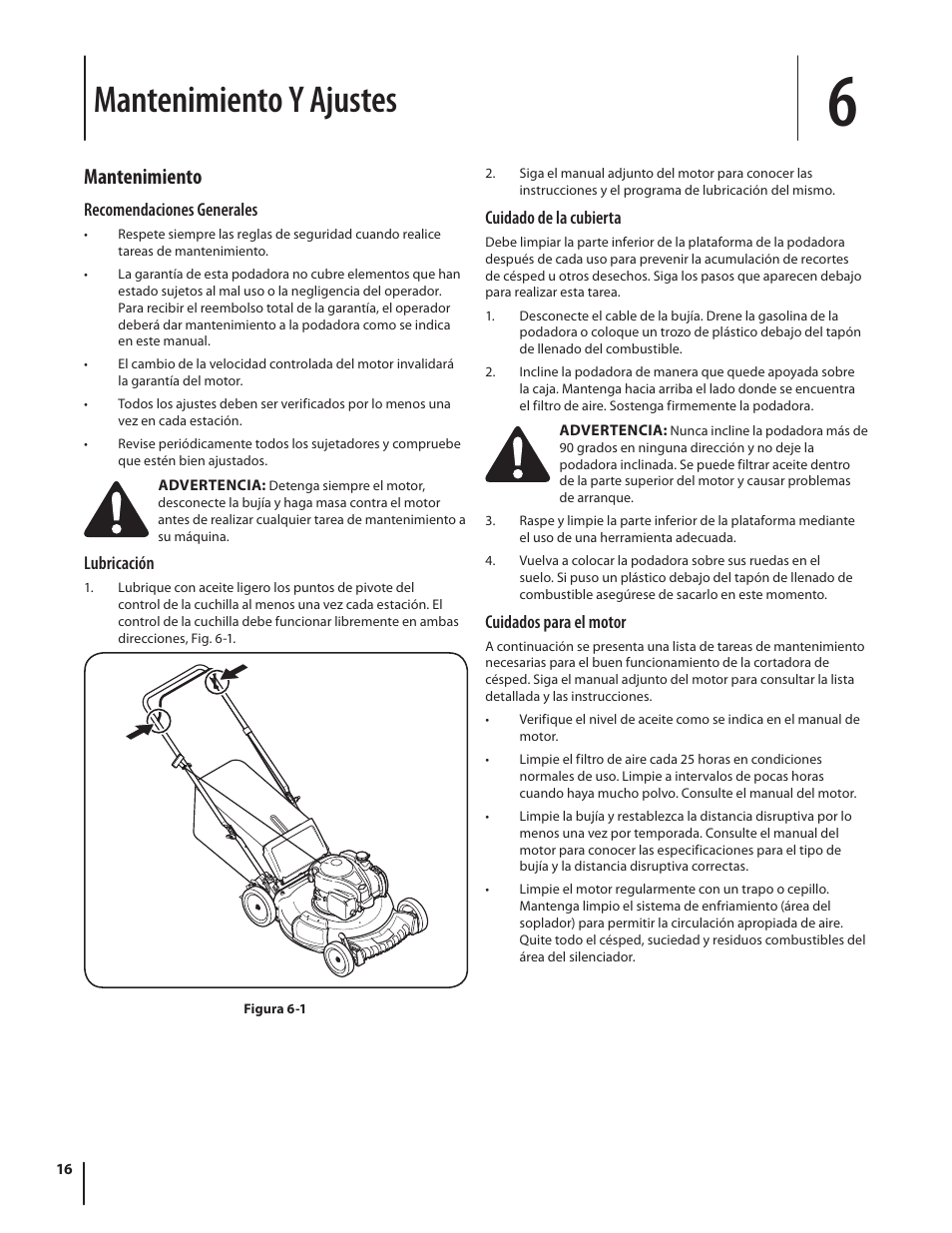 Mantenimiento y ajustes, Mantenimiento | Troy-Bilt TB110 User Manual | Page 36 / 40