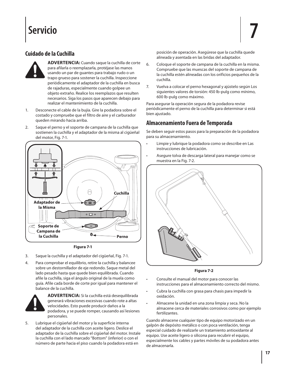 Servicio, Almacenamiento fuera de temporada, Cuidado de la cuchilla | Troy-Bilt TB110 User Manual | Page 37 / 40