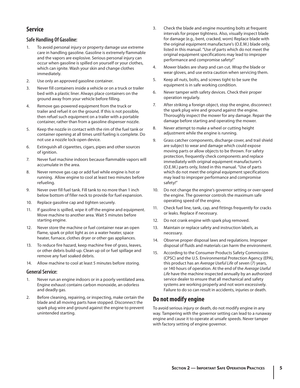 Service, Do not modify engine, Safe handling of gasoline | General service | Troy-Bilt TB110 User Manual | Page 5 / 40