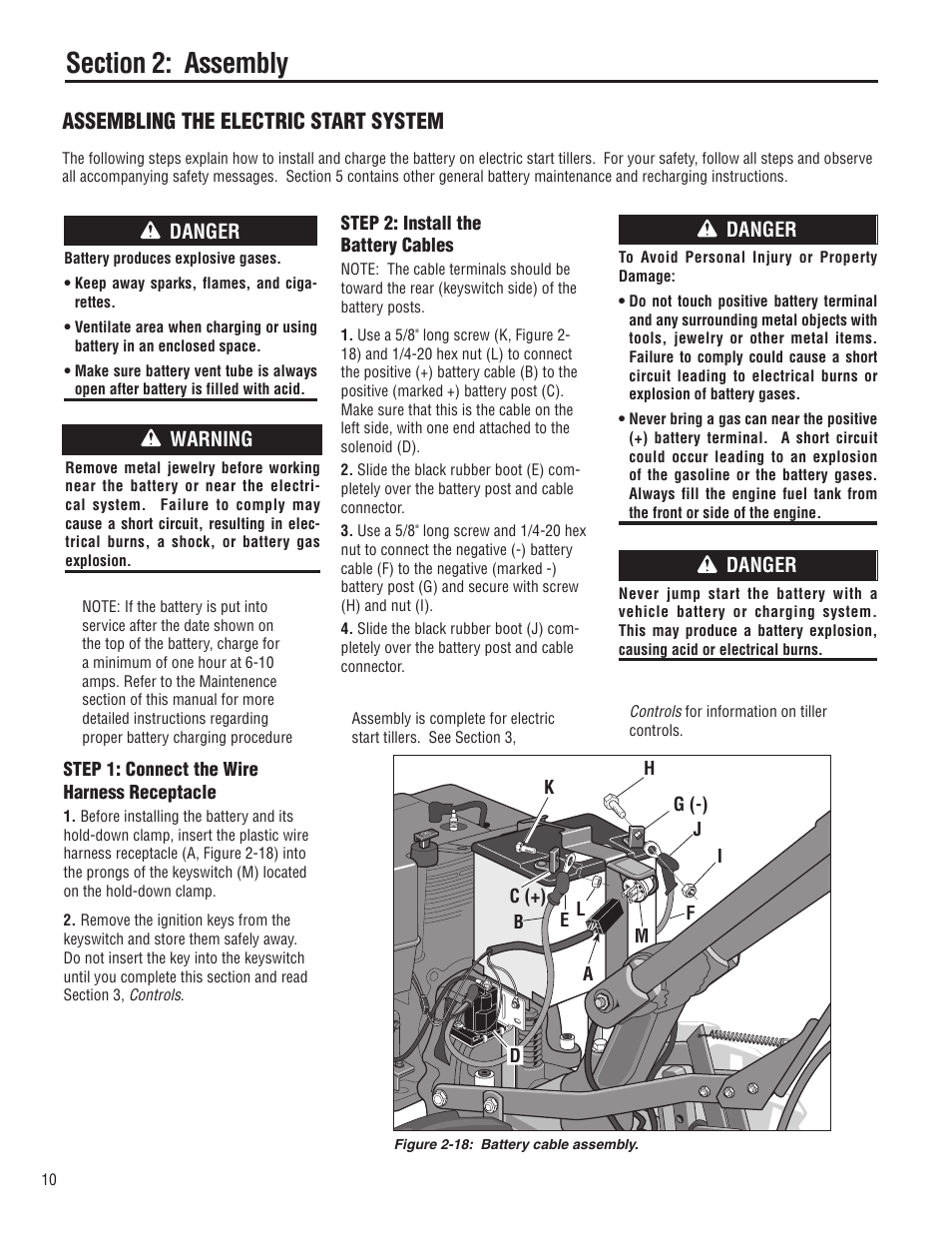 Assembling the electric start system, Danger, Warning | Troy-Bilt E683G-Big Red User Manual | Page 10 / 60