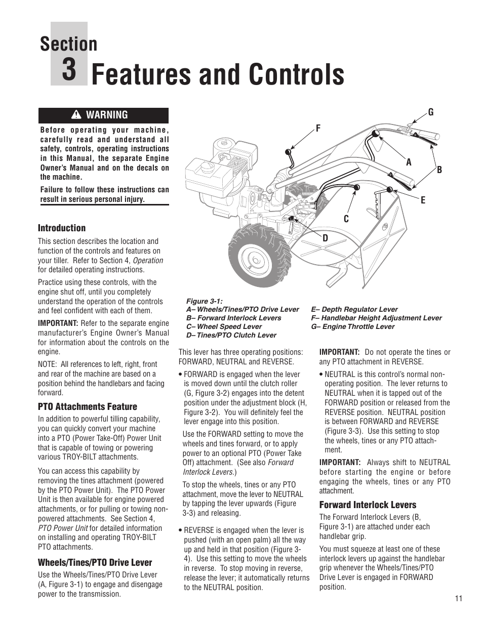 Features and controls, Warning | Troy-Bilt E683G-Big Red User Manual | Page 11 / 60