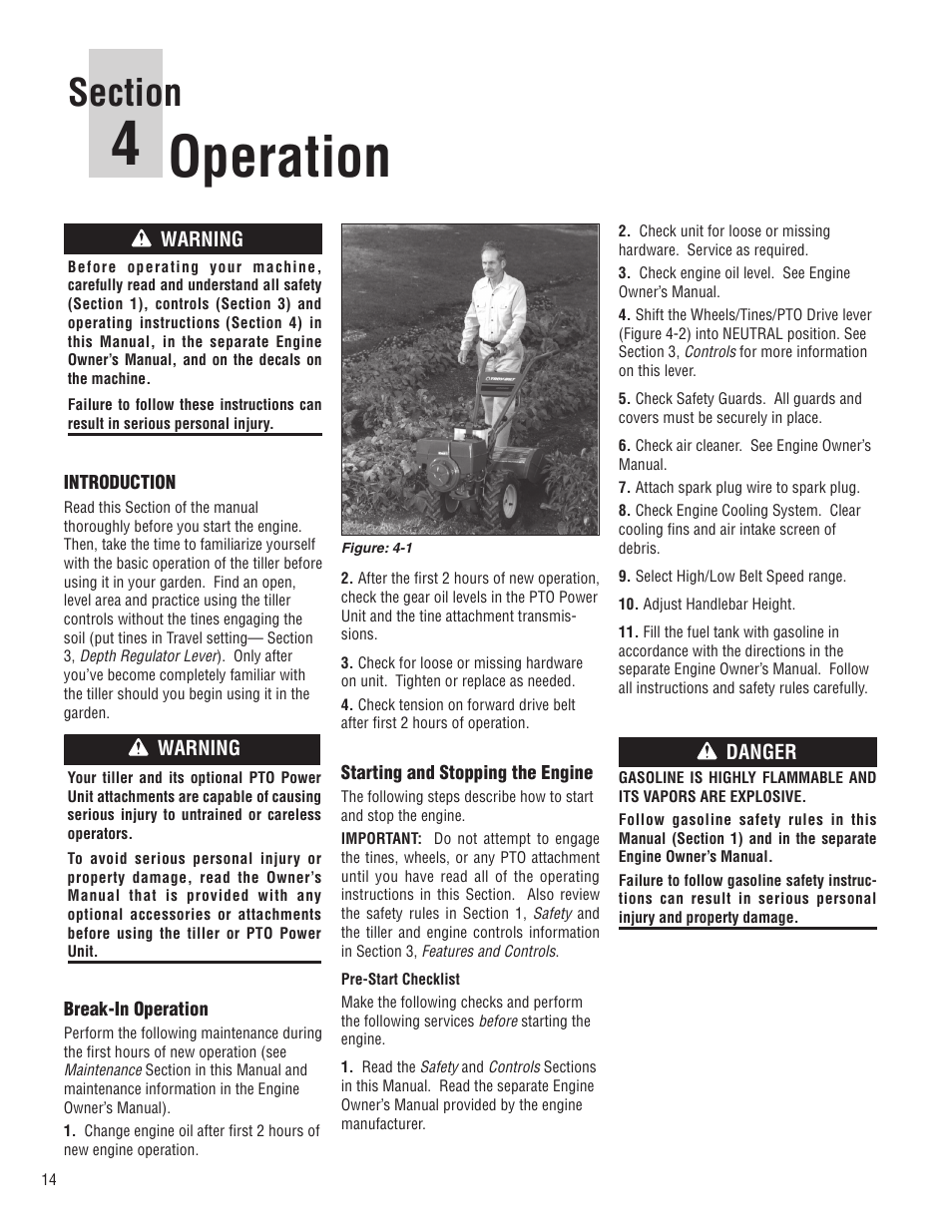 Operation, Warning, Danger | Troy-Bilt E683G-Big Red User Manual | Page 14 / 60