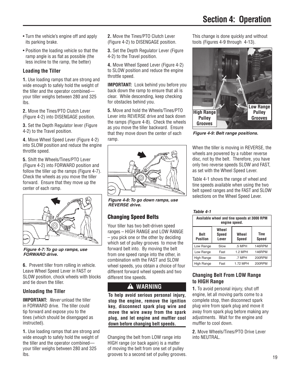 Warning, Changing speed belts | Troy-Bilt E683G-Big Red User Manual | Page 19 / 60