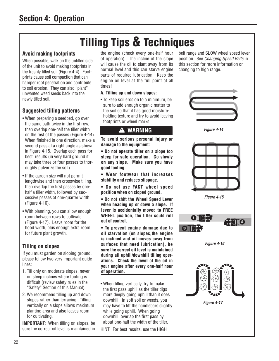 Tilling tips, Techniques, Warning | Troy-Bilt E683G-Big Red User Manual | Page 22 / 60