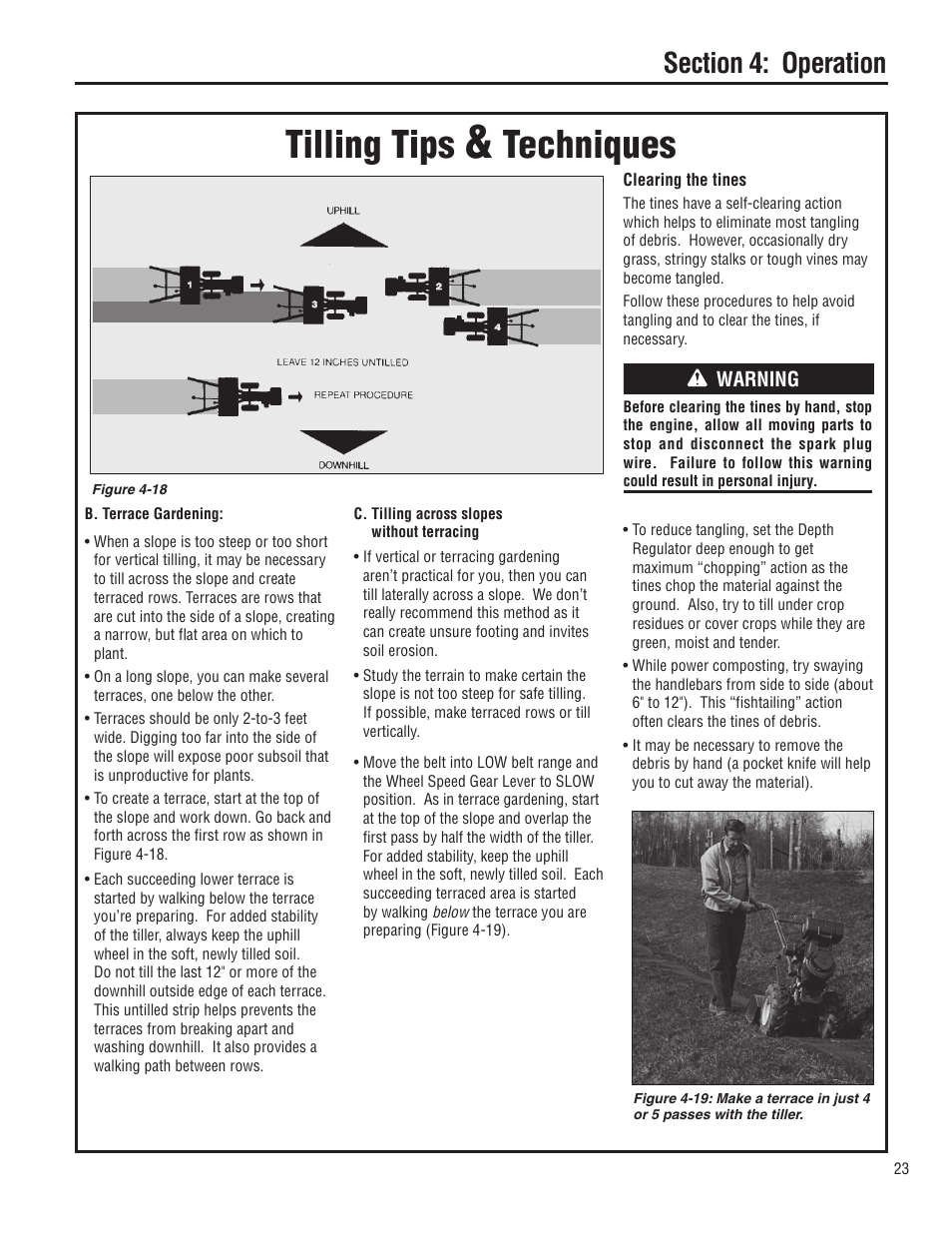 Tilling tips, Techniques, Warning | Troy-Bilt E683G-Big Red User Manual | Page 23 / 60