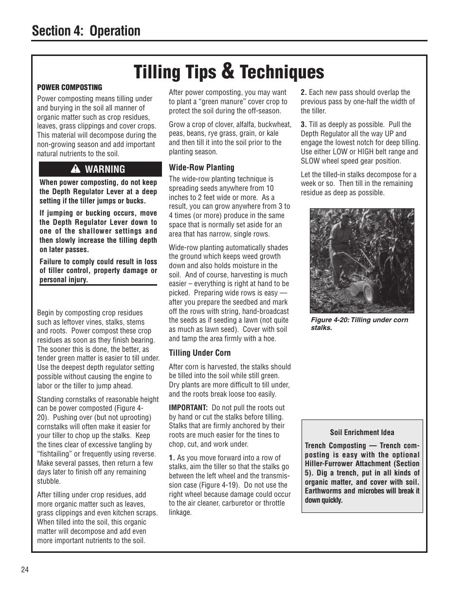 Tilling tips, Techniques, Warning | Troy-Bilt E683G-Big Red User Manual | Page 24 / 60