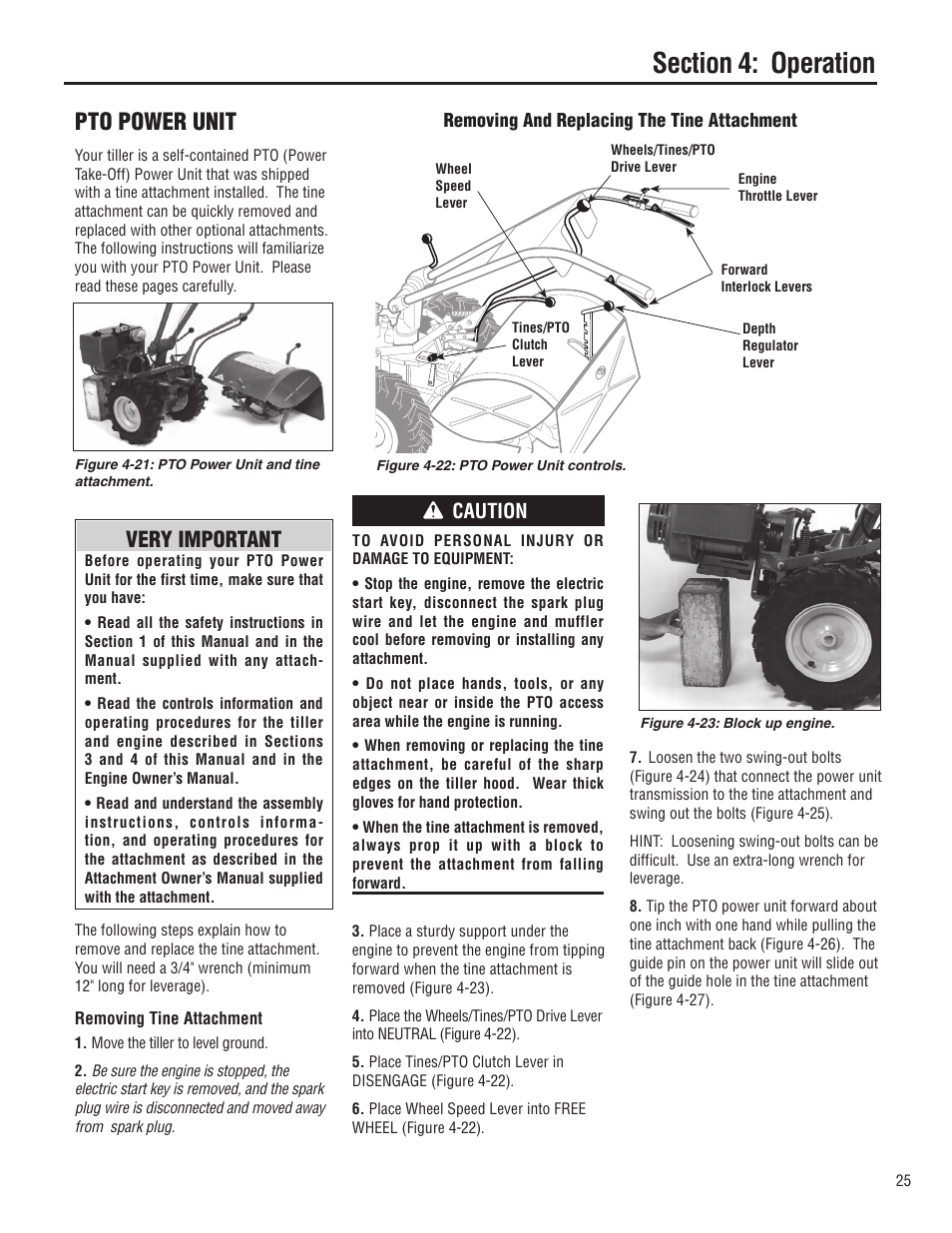 Pto power unit, Very important, Caution | Troy-Bilt E683G-Big Red User Manual | Page 25 / 60