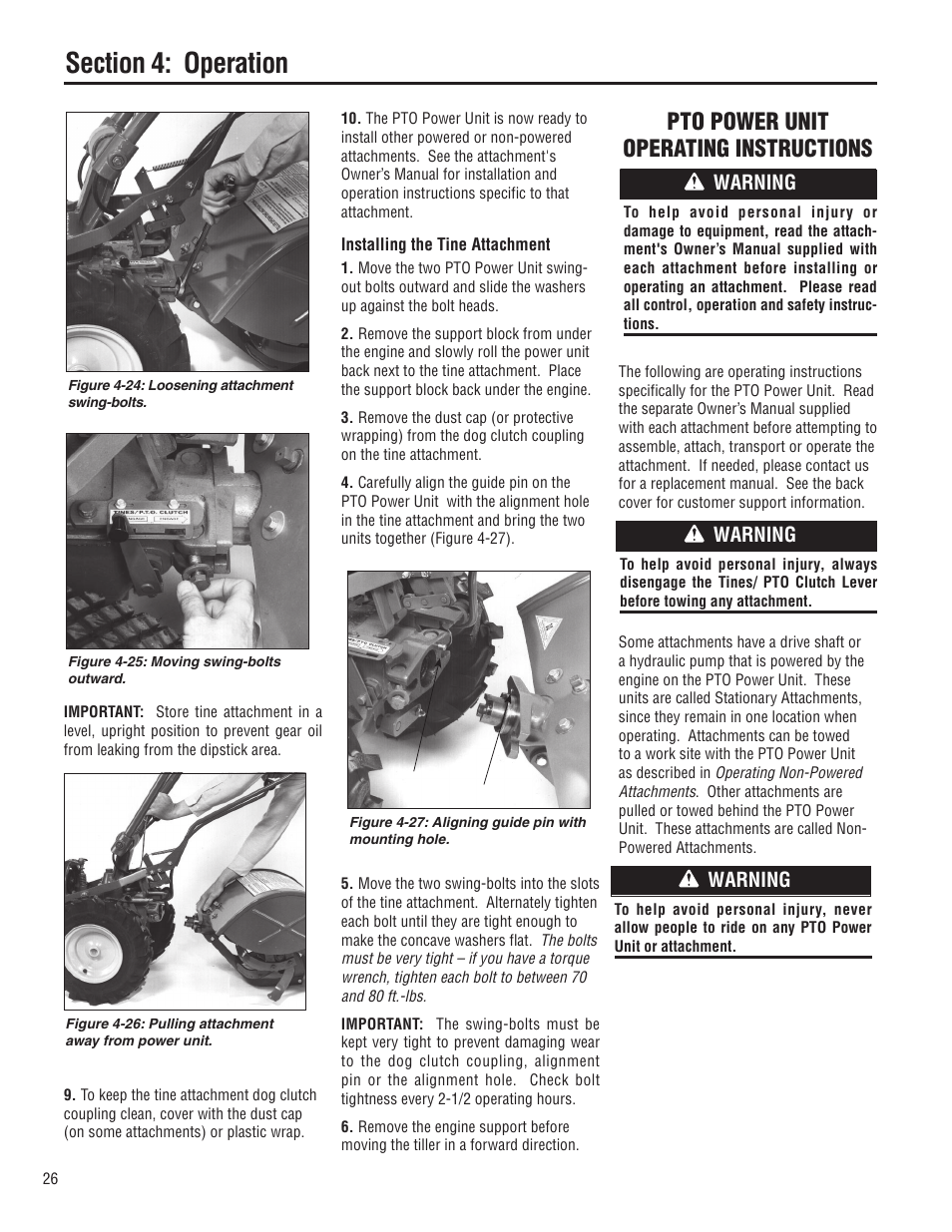 Pto power unit operating instructions, Warning | Troy-Bilt E683G-Big Red User Manual | Page 26 / 60