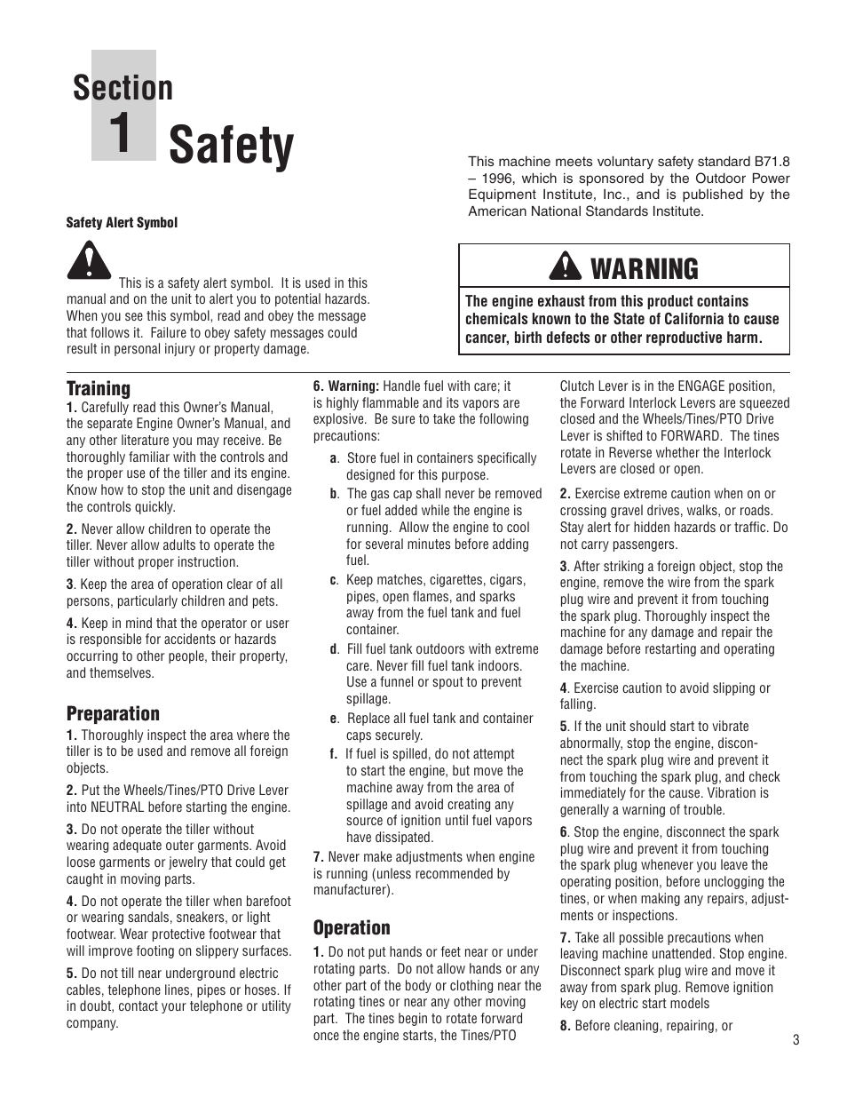 Safety, Warning, Training | Preparation, Operation | Troy-Bilt E683G-Big Red User Manual | Page 3 / 60