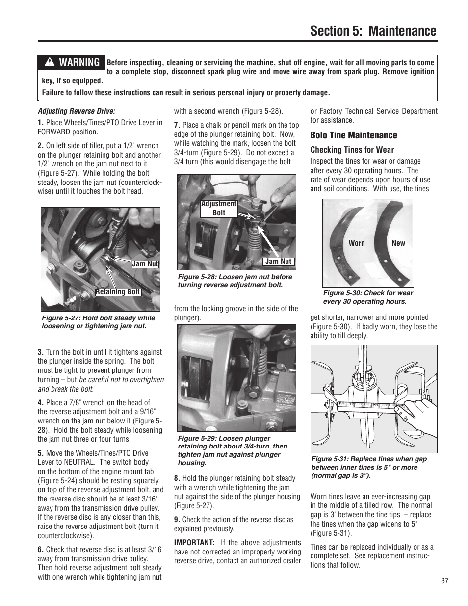 Warning, Bolo tine maintenance | Troy-Bilt E683G-Big Red User Manual | Page 37 / 60