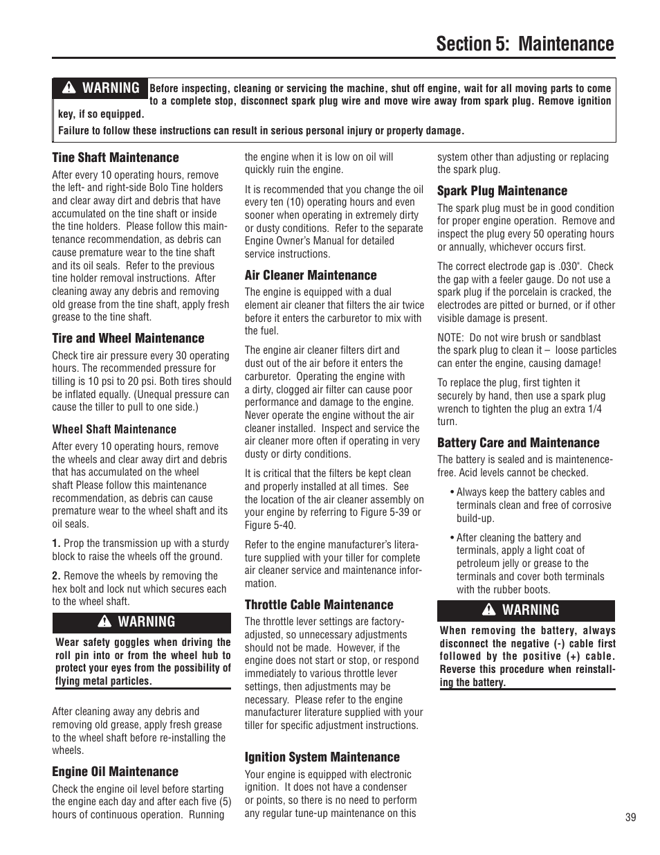 Warning | Troy-Bilt E683G-Big Red User Manual | Page 39 / 60