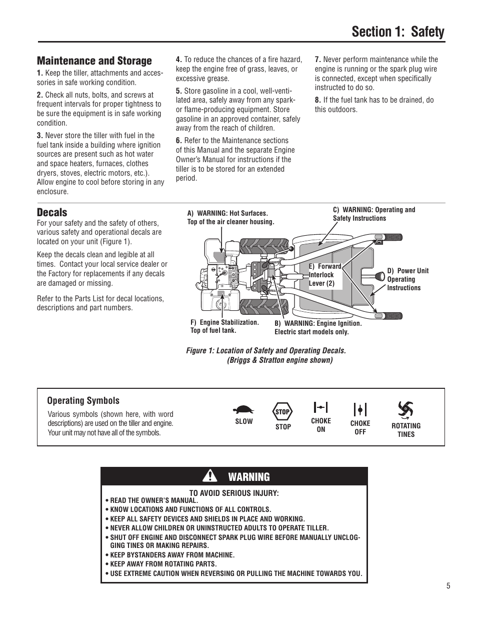 Decals, Maintenance and storage, Warning | Troy-Bilt E683G-Big Red User Manual | Page 5 / 60