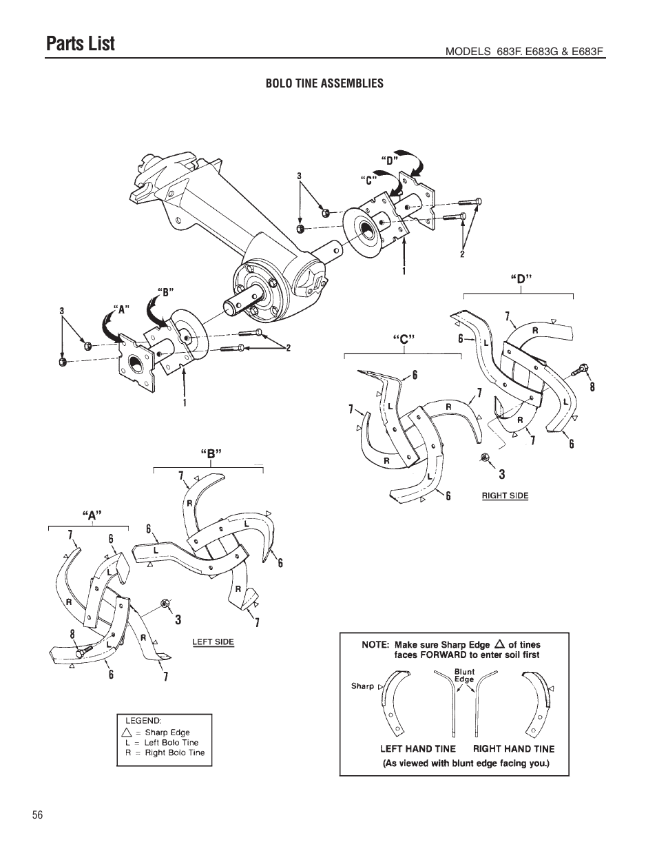 Parts list | Troy-Bilt E683G-Big Red User Manual | Page 56 / 60