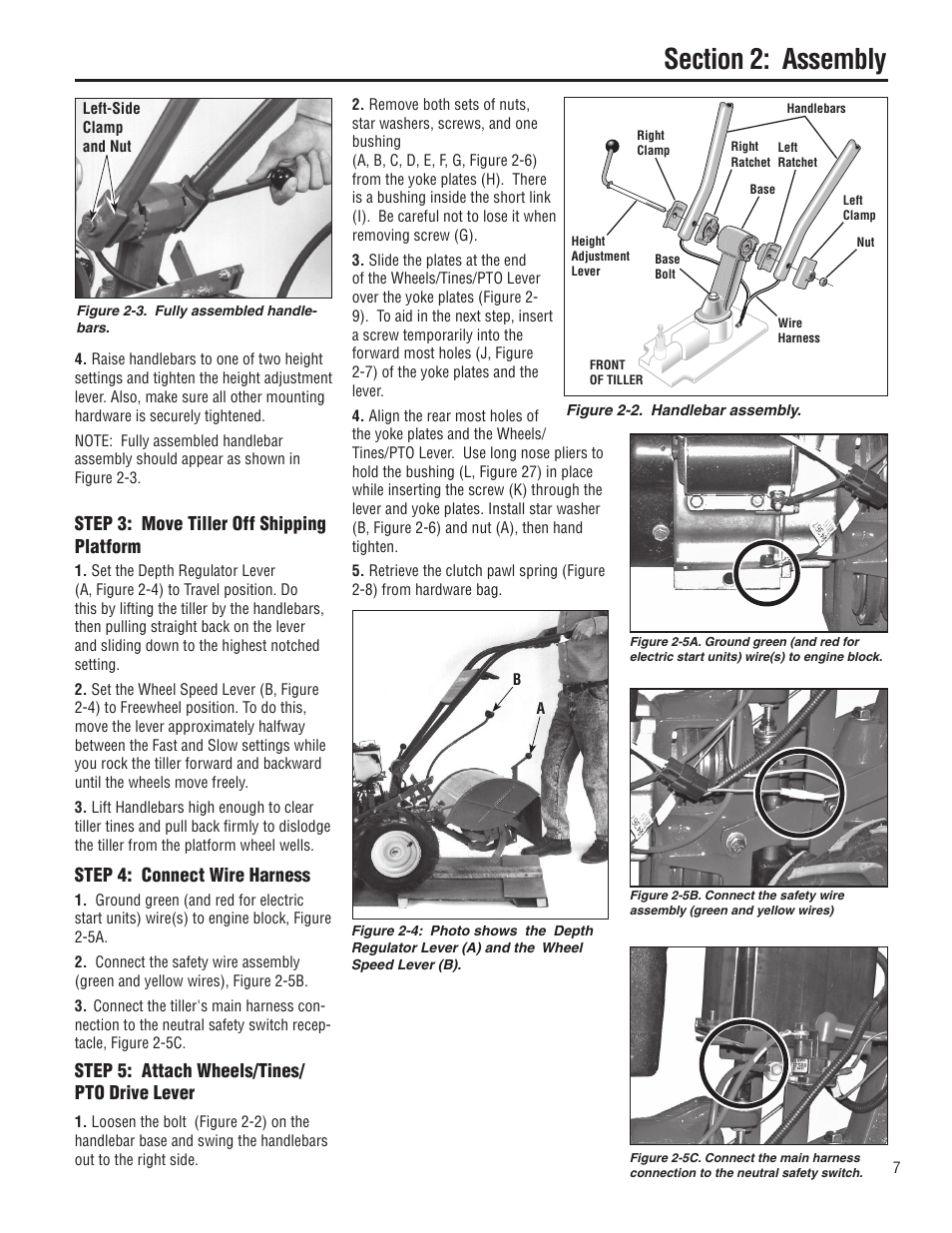 Step 3: move tiller off shipping platform, Step 4: connect wire harness, Step 5: attach wheels/tines/ pto drive lever | Troy-Bilt E683G-Big Red User Manual | Page 7 / 60