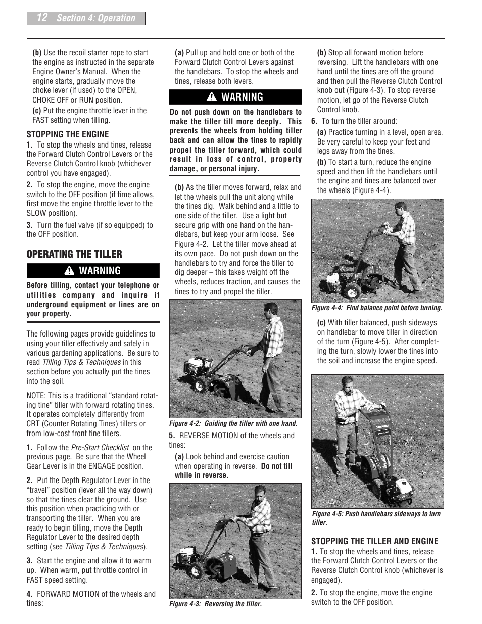 Operating the tiller, Warning | Troy-Bilt 665B User Manual | Page 12 / 36