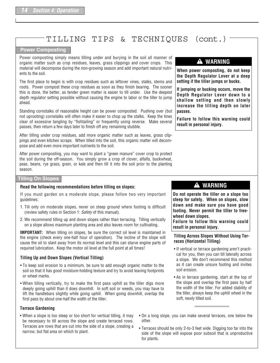 Tilling tips & techniques (cont.), Warning | Troy-Bilt 665B User Manual | Page 14 / 36