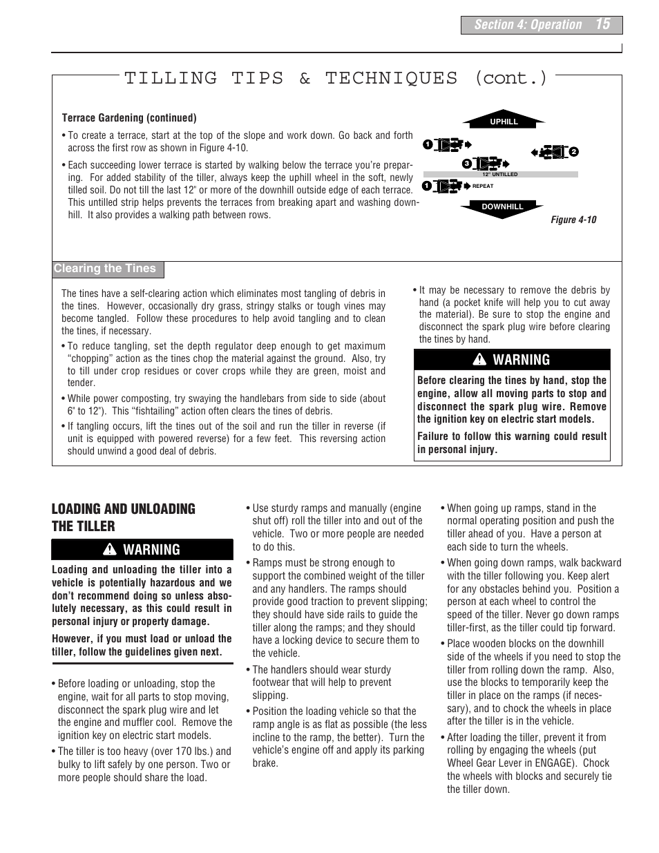 Tilling tips & techniques (cont.), Loading and unloading the tiller, Warning | Troy-Bilt 665B User Manual | Page 15 / 36