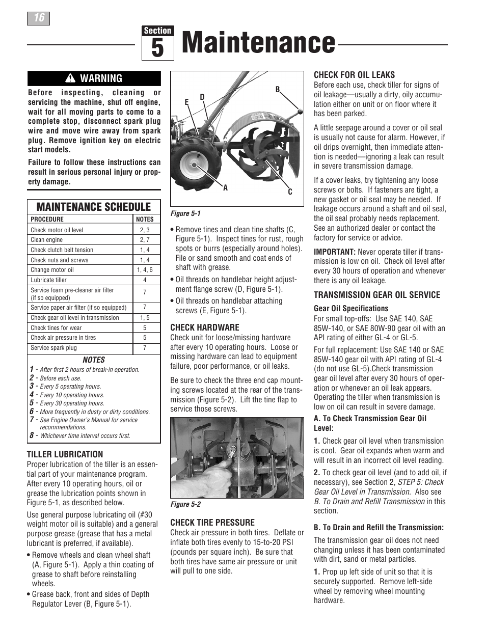 Maintenance, Maintenance schedule, Warning | Troy-Bilt 665B User Manual | Page 16 / 36