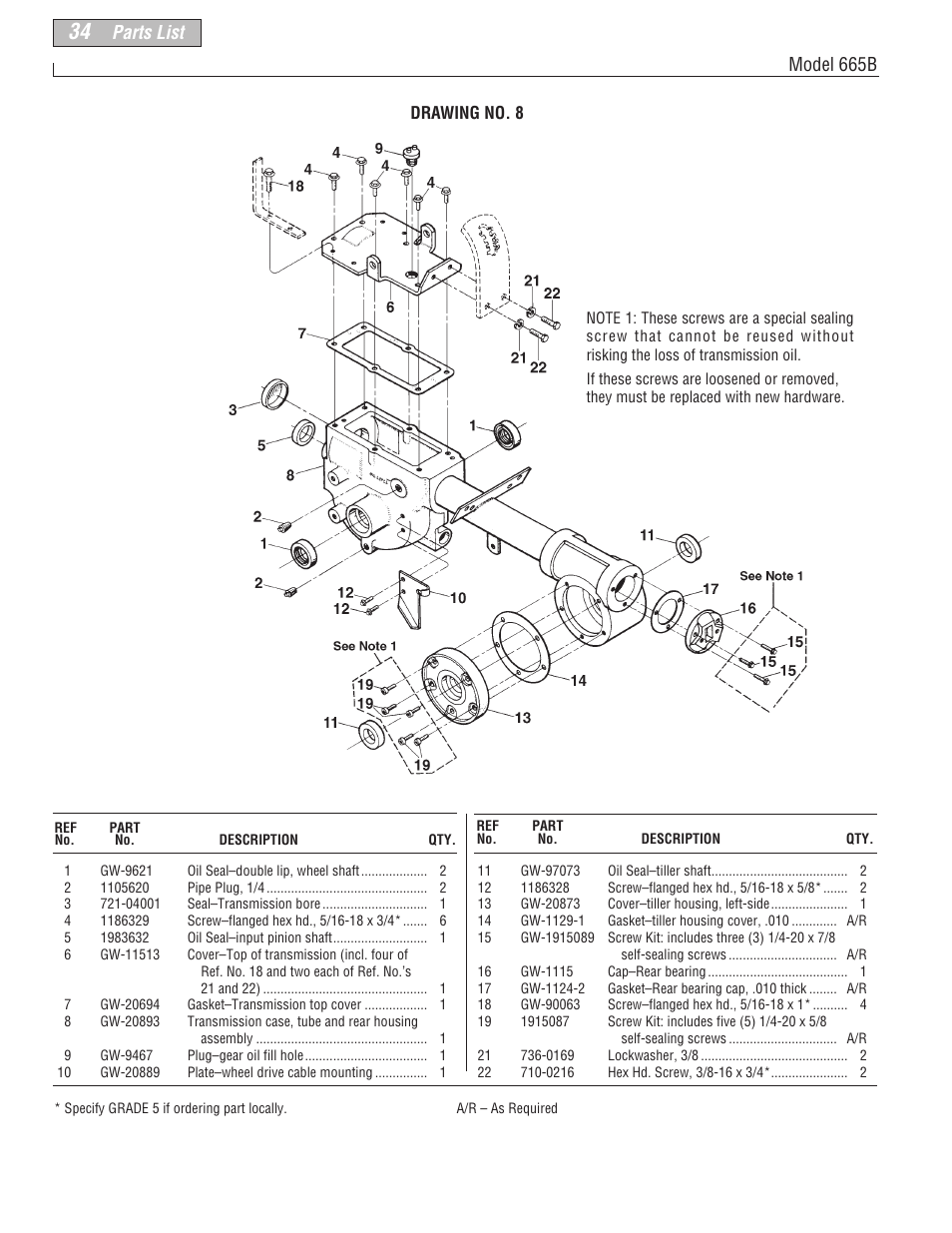 Parts list model 665b | Troy-Bilt 665B User Manual | Page 34 / 36