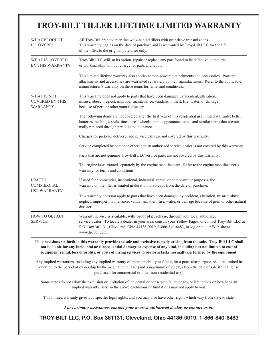 Troy-bilt tiller lifetime limited warranty | Troy-Bilt 665B User Manual | Page 36 / 36