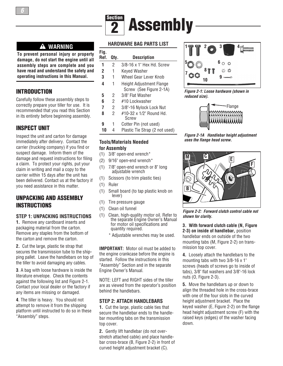 Assembly, Introduction, Inspect unit | Unpacking and assembly instructions, Warning | Troy-Bilt 665B User Manual | Page 6 / 36