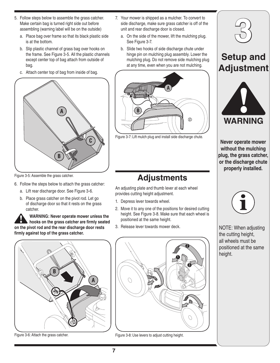 Setup and adjustment, Warning, Adjustments | Troy-Bilt 540 User Manual | Page 7 / 16