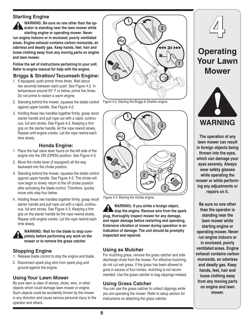 Operating your lawn mower, Warning | Troy-Bilt 540 User Manual | Page 9 / 16