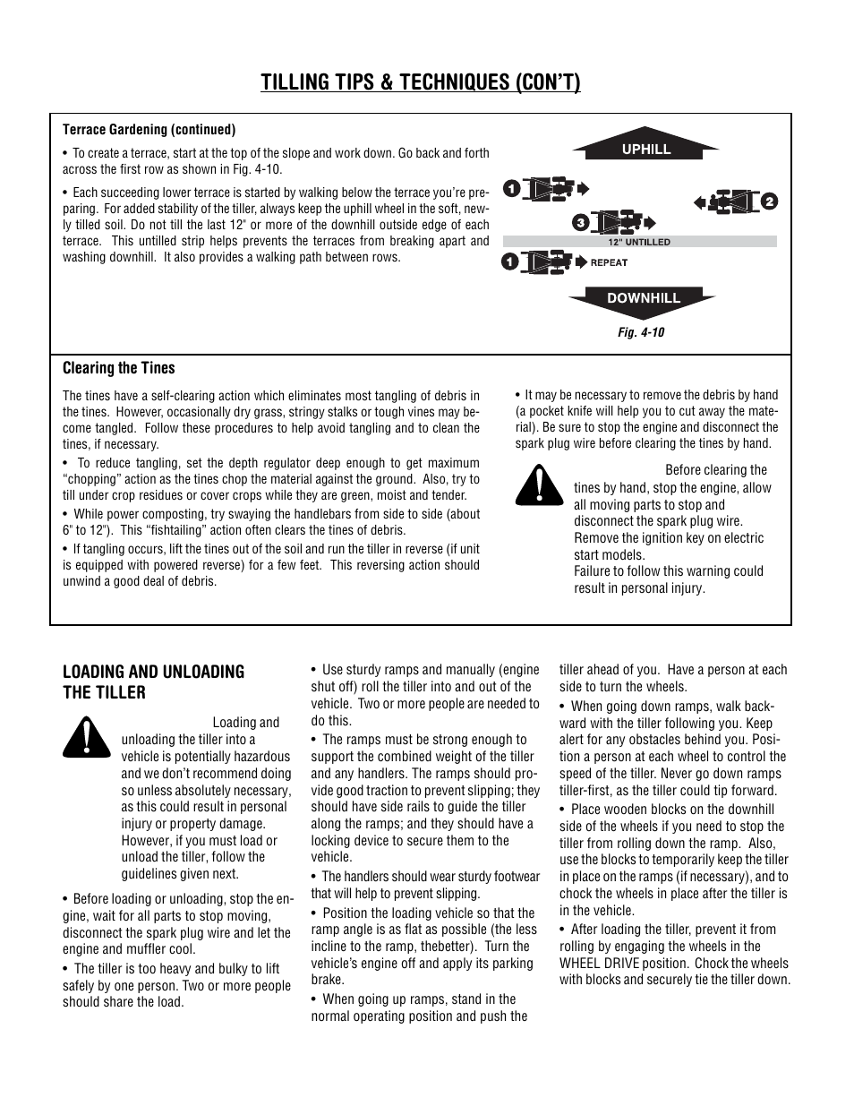 Tilling tips & techniques (con’t), Loading and unloading the tiller | Troy-Bilt 630C-Tuffy User Manual | Page 16 / 32