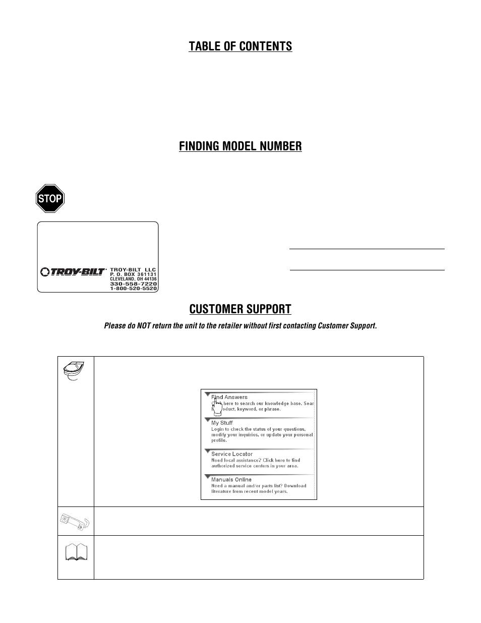Table of contents finding model number, Customer support | Troy-Bilt 630C-Tuffy User Manual | Page 2 / 32