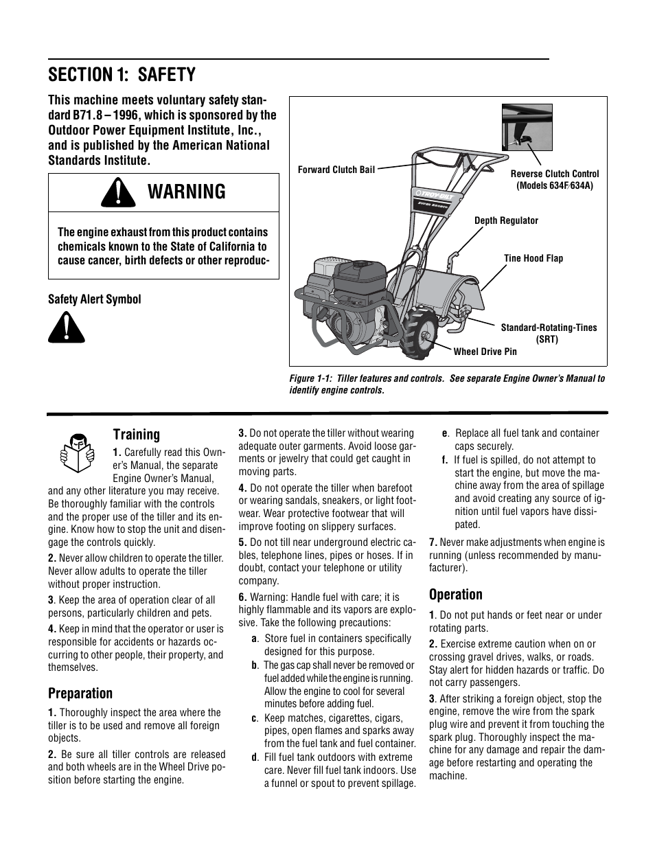 Warning, Training, Preparation | Operation | Troy-Bilt 630C-Tuffy User Manual | Page 3 / 32